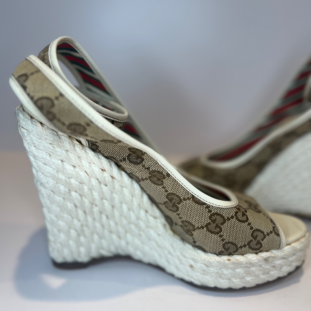Gucci Beige/White GG Canvas Ankle Strap Wedge Sandals - Picture 8 of 12